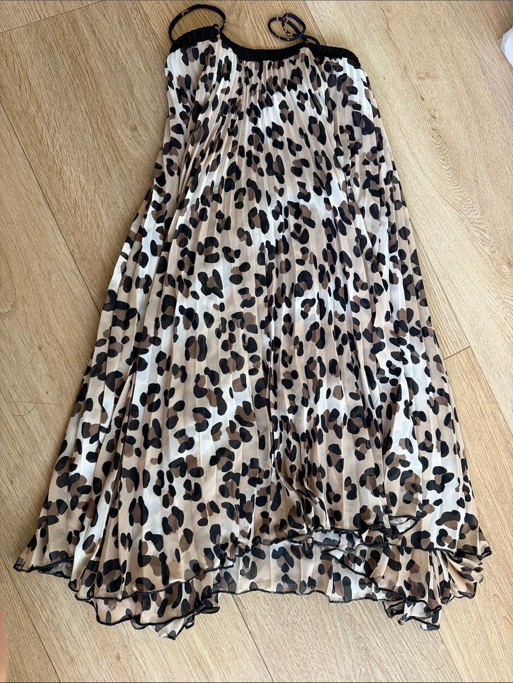 Leopard Print Pleated Skater Dress - Beige and Black